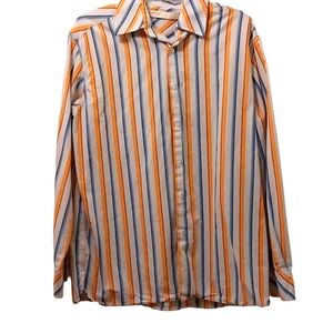 Vintage Perry Ellis Striped Dress Shirt Blue Orange Large EUC